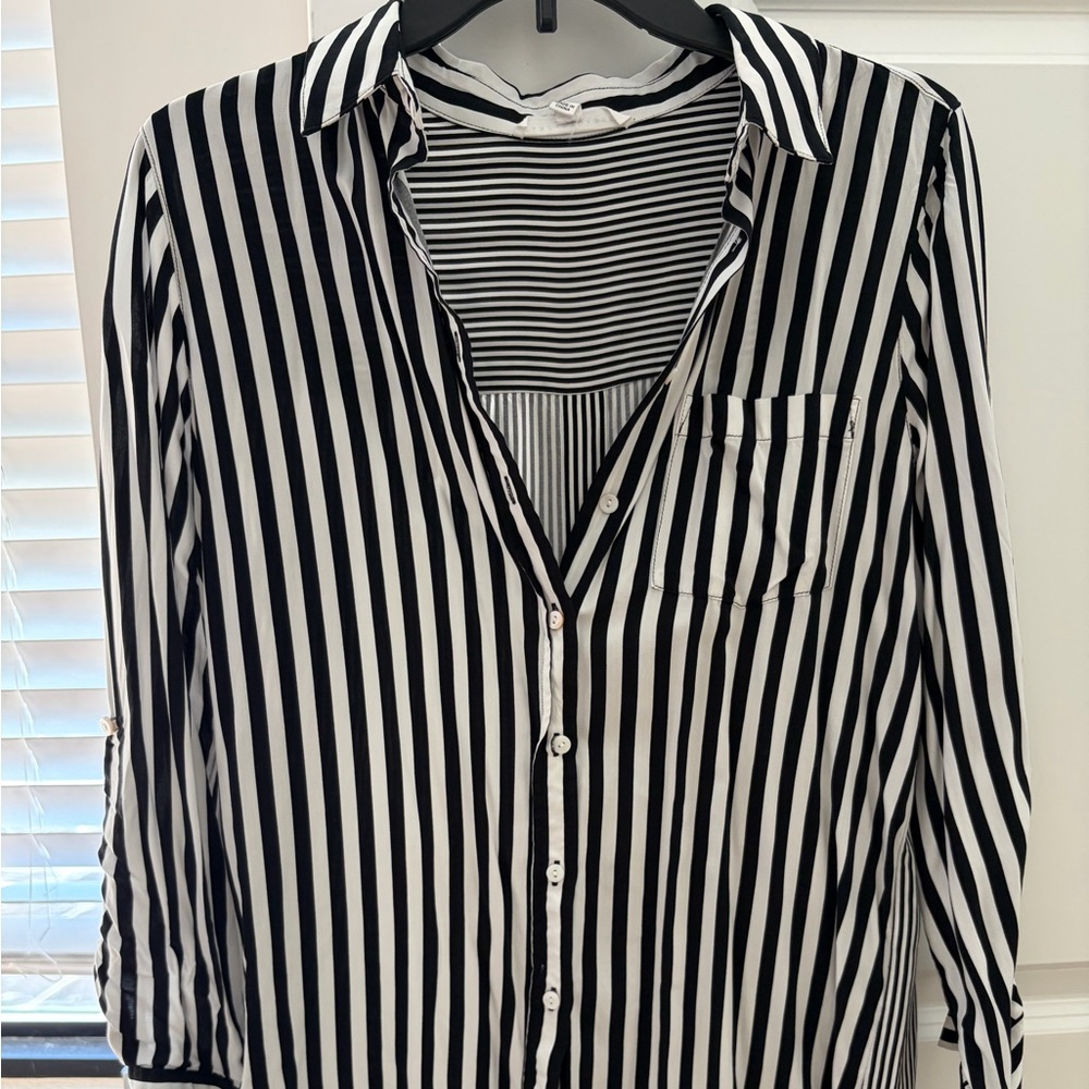 Jane and Delancey Black and White Striped Button Down Shirt